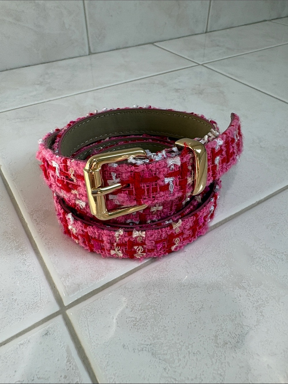 Ann Taylor’s Pink Tweed Narrow  Belt with Gold Buckle